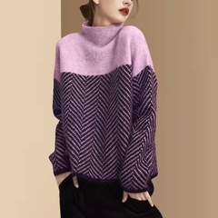 Áo len cao cổ nửa khối màu retro 2024 mùa thu đông phong cách mới thiết kế rộng rãi D317240