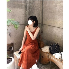Đầm sát nách cổ vuông thuê hoa màu đỏ cam kiểu Pháp khí chất thanh lịch D284240