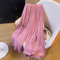 Quần Culottes Xẻ Hông Vải Lanh Cạp Cao Ống Rộng Xếp Nếp Thoáng Mát