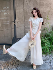 Set 2 món tân trung hoa: Áo ren thêu + Quần ống rộng B477