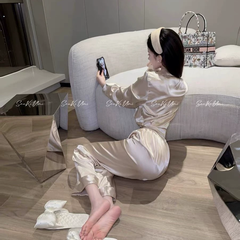 Bộ Đồ Ngủ Pijama Nữ Chất Mô Phỏng Lụa Đính Đá - Áo Dài Tay Phối Quần Dài, Sang Trọng