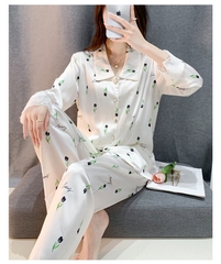 Bộ Đồ Ngủ Lụa Băng Mới Cho Nữ Phong Cách Xuân Hè Cao Cấp, Dài Tay Ren DN152250