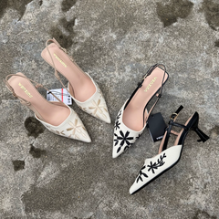 Giày cao gót mũi nhọn hở gót thêu hoa phong cách Pháp - quai sau, gót thanh mảnh 6-8cm