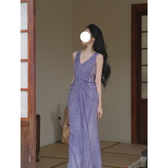 Đầm dạ hội maxi dáng dài cổ V sát nách màu tím D265240