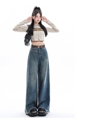 Quần Jean Nữ Ống Rộng Phong Cách Retro Mỹ, Gấu Sơ Vin, Cạp Cao, Dáng Suông Tôn Dáng, Thiết Kế Mới QJ060250