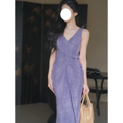 Đầm dạ hội maxi dáng dài cổ V sát nách màu tím D265240