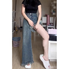 Quần jean ống rộng phối tua rua cạp cao thu đông phong cách Hàn Quốc QJ124240
