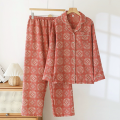 Bộ Đồ Ngủ Pyjama Vải Xô Cotton Jacquard Dài Tay Họa Tiết Vintage