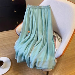 Quần Culottes Xẻ Hông Vải Lanh Cạp Cao Ống Rộng Xếp Nếp Thoáng Mát