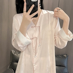 Đồ ngủ Pijama lụa xước hàng hiệu cổ trung hoa đơn giản, thanh lịch DN421240