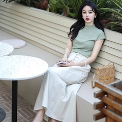 Set áo len mongtoghi chân váy voan xanh mint phong cách tiểu thư D222240