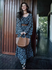 Đầm Voan Hoa Nhí Dáng Chữ A Kiểu Pháp Vintage - Tay Dài Cổ Chữ U, Kèm Thắt Lưng