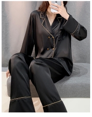 Đồ ngủ Pijama lụa xước hàng hiệu đen viền trắng đơn giản DN422240