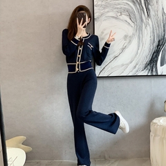 Bộ đồ nữ cao cấp áo cardigan quần ống rộng len dệt kim D521240