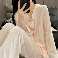 Đồ ngủ Pijama lụa xước hàng hiệu cổ trung hoa đơn giản, thanh lịch DN421240