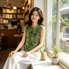 Set 2 món: Áo bèo in hoạ tiết Á Đông + Quần ống rộng B629