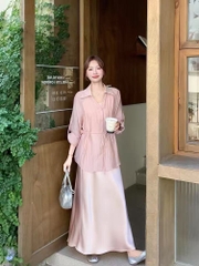 Set 2 món: Áo dài tay tôn eo + Chân váy lụa 2 dây B09