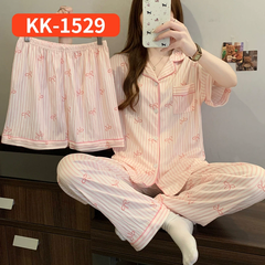 Bộ Đồ Ngủ Nữ Vải Nhăn 3 Món Tay Ngắn - Họa Tiết Nơ Ngọt Ngào Phong Cách Hàn