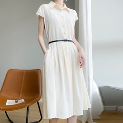Đầm Sơ Mi Ngắn Tay Chất Acetate Phong Cách Hepburn Pháp Thanh Lịch
