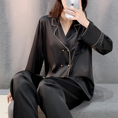 Đồ ngủ Pijama lụa xước hàng hiệu đen viền trắng đơn giản DN422240
