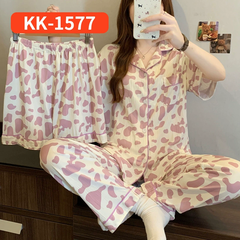 Bộ Đồ Ngủ Nữ Vải Nhăn 3 Món Tay Ngắn - Họa Tiết Nơ Ngọt Ngào Phong Cách Hàn
