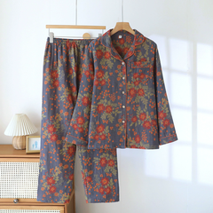 Bộ Đồ Ngủ Pyjama Vải Xô Cotton Jacquard Dài Tay Họa Tiết Vintage