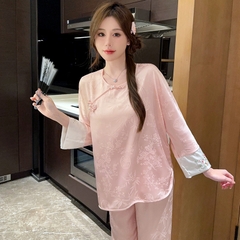 Bộ đồ ngủ kiểu Trung Quốc thêu cúc lụa mỏng jacquard sang trọng và thoải mái XINY DN102250