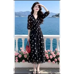 Đầm cổ V tôn eo dây buộc phong cách Pháp vintage B589