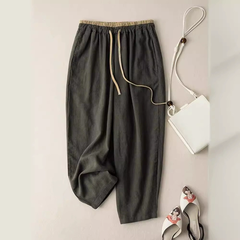 Quần vải ống rộng cotton lanh phong cách Hàn Quốc - cạp chun rút tôn dáng