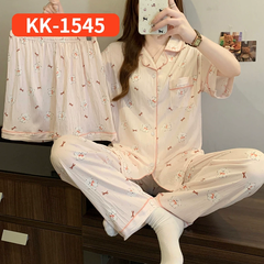 Bộ Đồ Ngủ Nữ Vải Nhăn 3 Món Tay Ngắn - Họa Tiết Nơ Ngọt Ngào Phong Cách Hàn