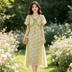 Đầm dài hoa nhí tay bồng viền bèo B639
