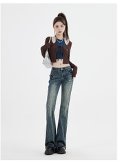 Quần jeans ống loe cạp trễ cổ điển phong cách Mỹ thêu họa tiết QJ030250