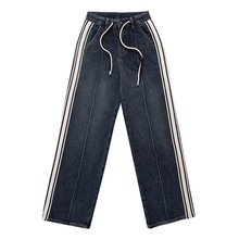 Quần jeans ống rộng ống đứng kẻ sọc đen giặt rộng rãi phong cách retro QJ028250
