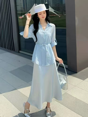 Set 2 món: Áo dài tay tôn eo + Chân váy lụa 2 dây B09