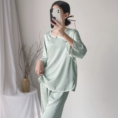 Bộ đồ ngủ dài tay quần dài cổ tròn, lụa băng, phong cách Giang Nam XINY DN108250