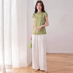 Set 2 món tân trung hoa: Áo sa tanh dệt hoa văn + Quần ống rộng B591