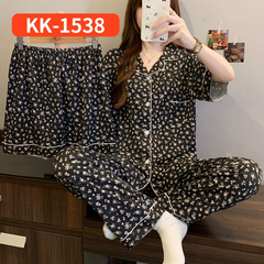 Bộ Đồ Ngủ Nữ Vải Nhăn 3 Món Tay Ngắn - Họa Tiết Nơ Ngọt Ngào Phong Cách Hàn