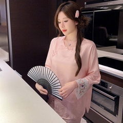 Bộ đồ ngủ kiểu Trung Quốc thêu cúc lụa mỏng jacquard sang trọng và thoải mái XINY DN102250