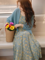 Váy hoa xanh phong cách Hàn Quốc, cardigan cao cấp khí chất sang trọng D106250