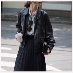 Áo Khoác Da Nữ Dáng Ngắn Phong Cách Pháp Vintage - Màu Đen Cá Tính