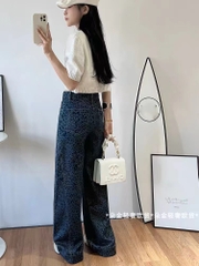  Quần Jean ống rộng cạp cao họa tiết xanh đốm phong cách Hàn Quốc QJ129240