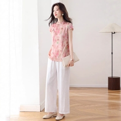 Set 2 món tân trung hoa: Áo sa tanh dệt hoa văn + Quần ống rộng B591