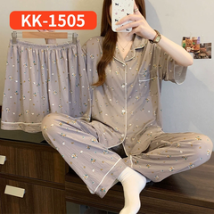 Bộ Đồ Ngủ Nữ Vải Nhăn 3 Món Tay Ngắn - Họa Tiết Nơ Ngọt Ngào Phong Cách Hàn