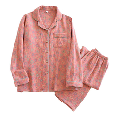 Bộ Đồ Ngủ Pyjama Vải Xô Cotton Jacquard Dài Tay Họa Tiết Vintage