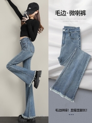 Quần Jean ống rộng loe cạp cao phối gấu tua rua phong cách Hàn Quốc QJ128240