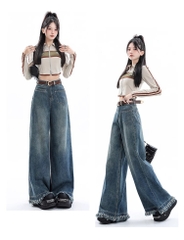 Quần Jean Nữ Ống Rộng Phong Cách Retro Mỹ, Gấu Sơ Vin, Cạp Cao, Dáng Suông Tôn Dáng, Thiết Kế Mới QJ060250