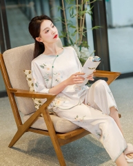 Bộ đồ ngủ cao cấp phong cách Trung Hoa lụa băng jacquard họa tiết nhẹ nhàng XINY DN109250
