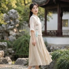 Set 2 món áo thêu thiền ý + chân váy tân trung hoa B366