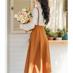 Đầm hai dây màu cam kẻ sọc trắng phối áo sơ mi phong cách Nữ thần D547240