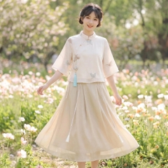 Set 2 món áo thêu thiền ý + chân váy tân trung hoa B366